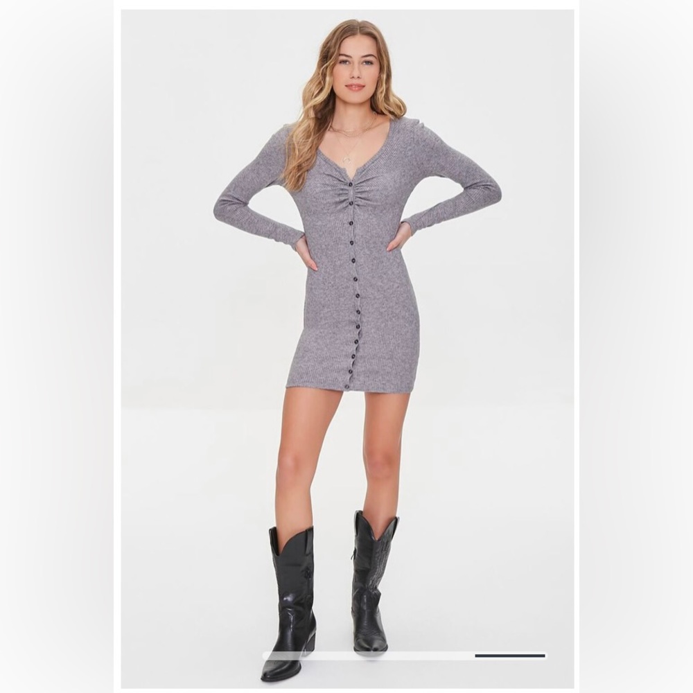 Forever21 Women’s Gray Bodycon Long Sleeve Ribbed Mini Button Down Dress Size S